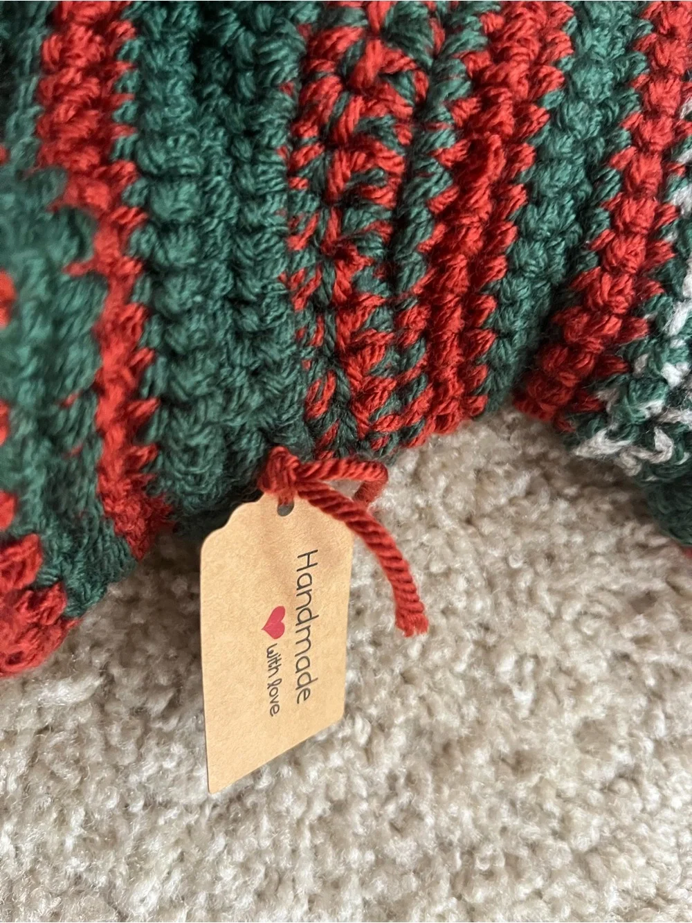 Hand-Crocheted Red & Green Doll Dress – Handmade Doll Outfit Size 10”